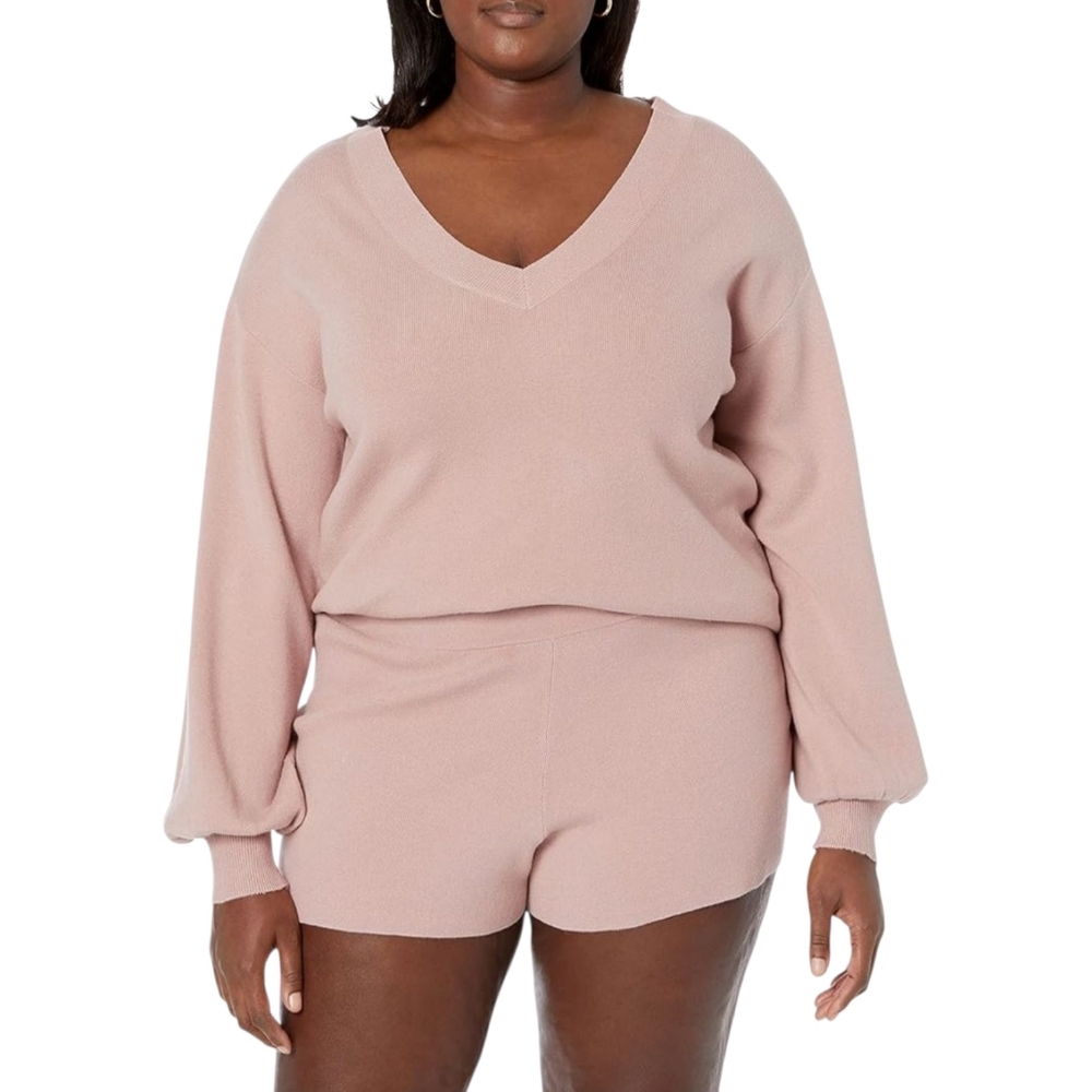 NEW The Drop Mia Bell-Sleeve Deep V-Neck Sweater Womens 3XL Dusty Pink